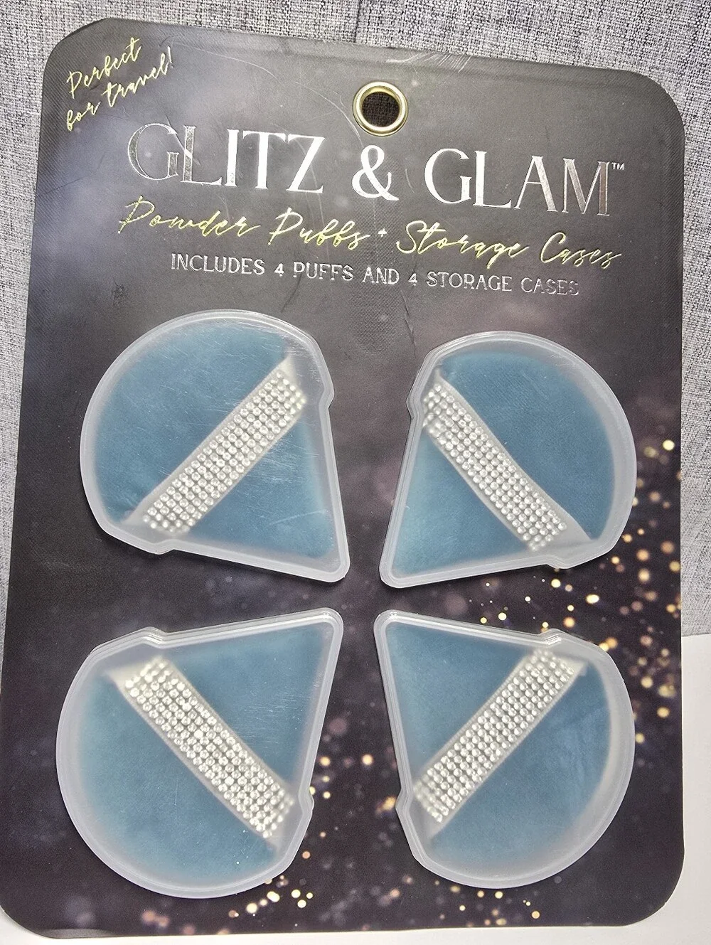 Glitz & Glam Powder Puffs + Storage Cases Set of 4 Rhinestone Embellished NEW